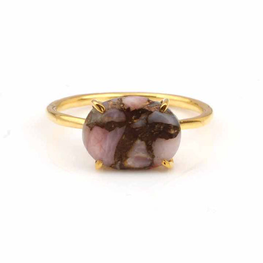 High Quality 925 Sterling Silver 10x14mm Natural Pink Opal Copper Stone Prong Setting 18K Gold Plated Dainty Women's Fine Rings