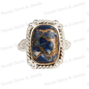 Super Quality Vintage Style Boho Women's Ring 10x14mm Octa Cushion Shape Natural Lapis Lazuli Copper 925 Sterling Silver Fine