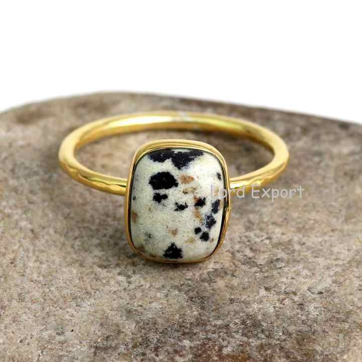 925 Sterling Silver Thin Band Ring Beautiful Natural Dalmatian Jasper Gemstone Cushion Shape for Women Gold Plated Fine Jewelry