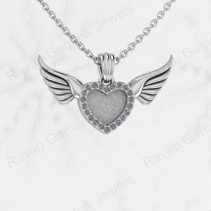 Solid 925 Silver Angel Wings Heart Base Blank Bezel CZ Setting Ashes Resin Keepsake Charm Pendant Jewelry Findings Components