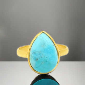 Best Selling 925 Sterling Silver 18K Gold Fine Ring for Women Kingman Blue Arizona Turquoise 12x16mm Pear Bezel Setting Jewelry