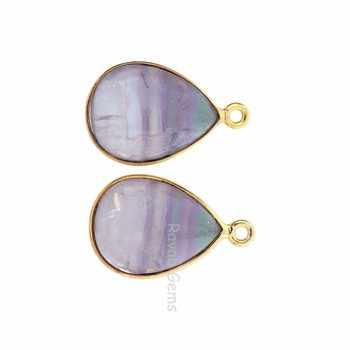 12x16mm Natural Multi Fluorite Gemstone Bezel 18k Gold Plated Sterling Silver Tiny Charms Pear Shape Charm Pendant for Necklace