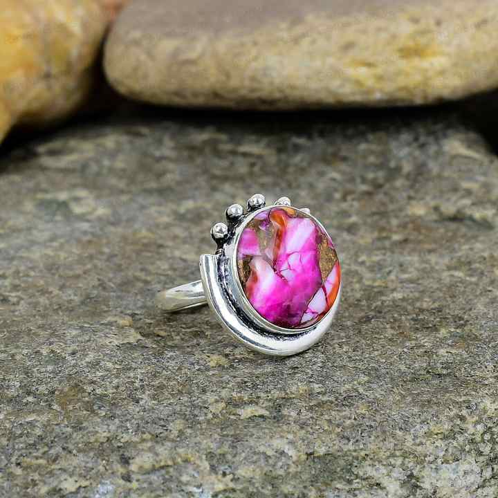 Beautiful 925 Silver Boho Statement Ring for Women Handmade 13mm Kingman Pink Dahlia Copper Turquoise Stone Navajo Fine Jewelry