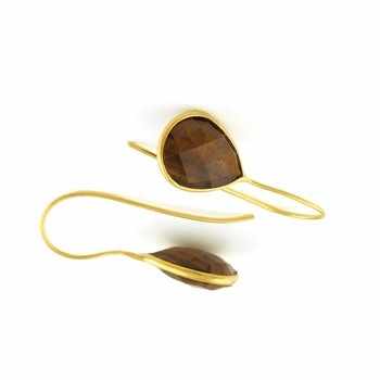 High Quality Women's 925 Sterling Silver 18K Gold Filled Genuine Tiger Eye Checker Cut 10x14mm Pear Drop Dangle Earrings