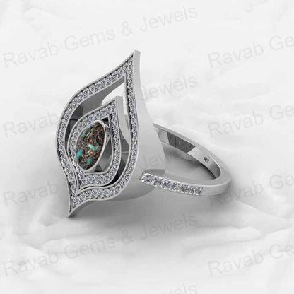 Top Selling Genuine 925 Sterling Silver Blue & Black Copper Turquoise oval 6x8mm Gemstone Bezel Setting CZ Crown Ring For Custom Jewelry