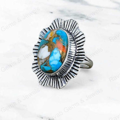 Best Quality Solid 925 Sterling Silver Natural Spiny Oyster Turquoise 10x14mm Oval Bezel Setting Ring for Women Navajo Jewelry