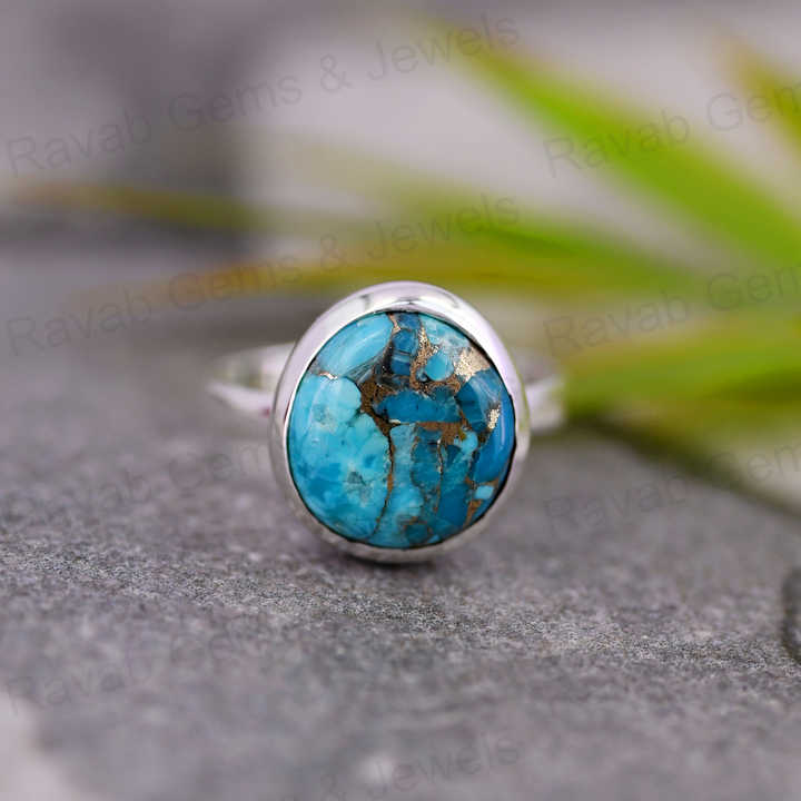 Top Selling 12x13mm Mohave Blue Copper Turquoise High Polished 925 Silver Bezel Organic Shape Dainty Women Ring Navajo Jewelry
