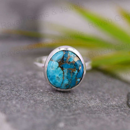 Top Selling 12x13mm Mohave Blue Copper Turquoise High Polished 925 Silver Bezel Organic Shape Dainty Women Ring Navajo Jewelry