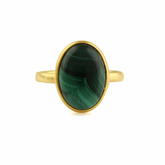 Dainty 12x16mm Natural Green Malachite Bezel Ring for Women 18K Gold Plated Vintage Style Sterling Silver for Weddings