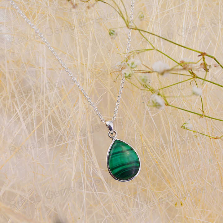 Top Selling 925 Silver Pendant Necklace for Women Handmade 12x16mm Teardrop Natural Malachite Healing Crystal Bezel Fine Jewelry