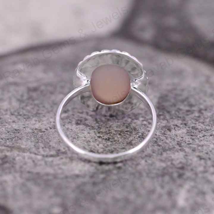Natural Rose Quartz 10x14mm Oval Cabochon Gemstone Solid 925 Sterling Silver Beaded Bezel Setting Ring Handmade Fine Jewelry