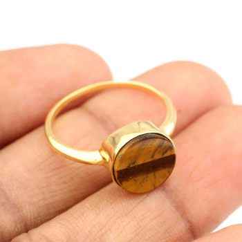 Best Quality Unisex 925 Sterling Silver Women's Ring 18K Gold Plated With Natural Tiger Eye 12mm Bezel Setting Fine Jewelry