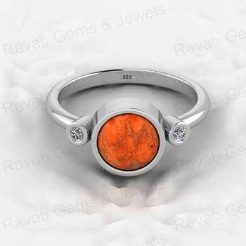 Fine Fashion Unisex Ring High Quality 925 Sterling Silver 8mm Orange Mohave Sponge Coral Band CZ High Quality Solid Sterling