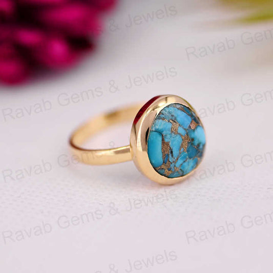 Best Selling 12x13mm Mohave Blue Copper Turquoise 925 Silver Gold Vermeil Bezel Organic Shape Dainty Women Ring Navajo Jewelry