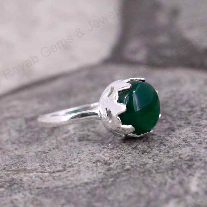 Natural Green Onyx Gemstone 10mm Round Shape Smooth Pre-Noted Setting Solid 925 Sterling Silver Handmade Simple Band Ring