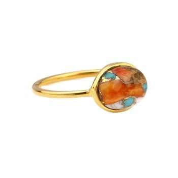 Handmade 925 Silver Gold Vermeil 10x14mm Mohave Spiny Oyster Copper Turquoise Oval Cabochon Ring Navajo Fine Jewelry for Women