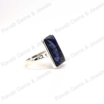 Top Quality Solid 925 Sterling Silver Natural Sodalite Cabochon Rectangle Shape Bezel Setting Ring for Women Handmade Jewelry
