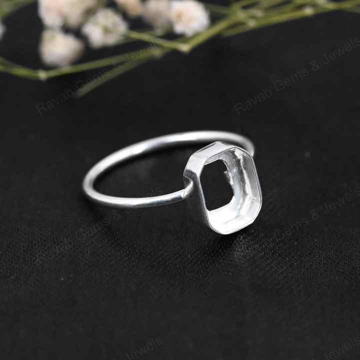 Genuine Solid 925 Sterling Silver Octagon Shape 8x10mm Bezel Setting Semi-Mount Blank Setting Simple Band Fine Ring For Women