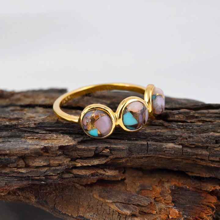 Hot Selling 5mm Mohave Pink Opal Copper Turquoise Handmade 925 Silver Gold Vermeil Half Eternity Women Ring Navajo Fine Jewelry