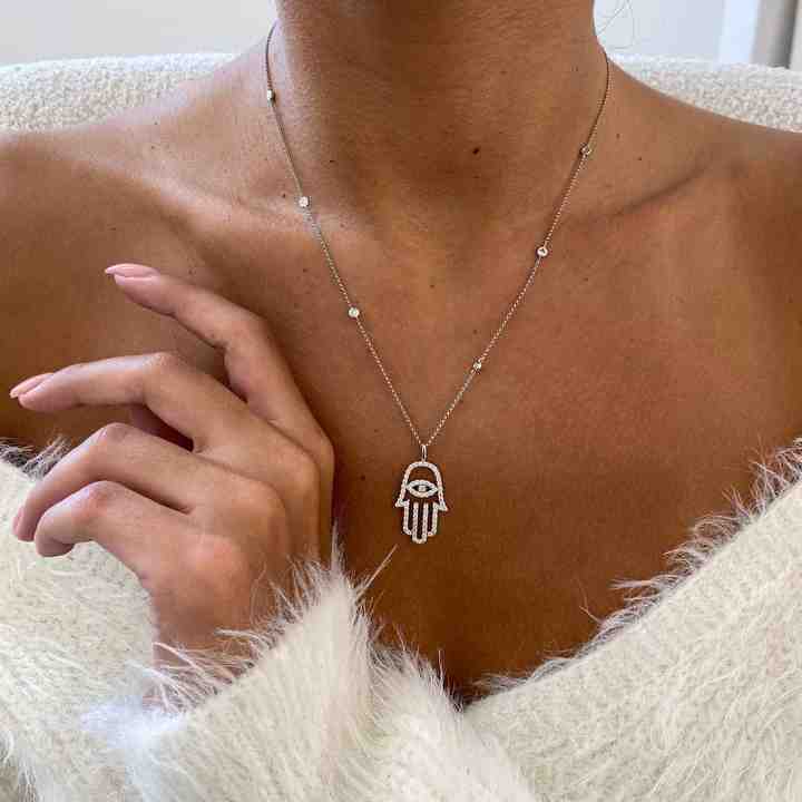 New Arrival Genuine 925 Sterling Silver Lab-Diamond Round Cut Hamsa Design Chain Necklace For Women's Mother's Day Jewelry