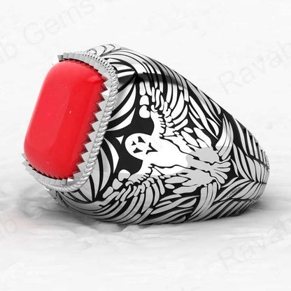 Best Selling Solid 925 Sterling Silver 9x13mm Red Coral Octa Cushion Shape Signet Ring for Men Customized Bikers Fine Jewelry