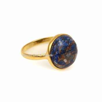 Hot Selling Unisex 12mm Lapis Lazuli Copper Gemstone Bezel 18k Gold Plated Handmade Dainty Ring for Latest Parties Design