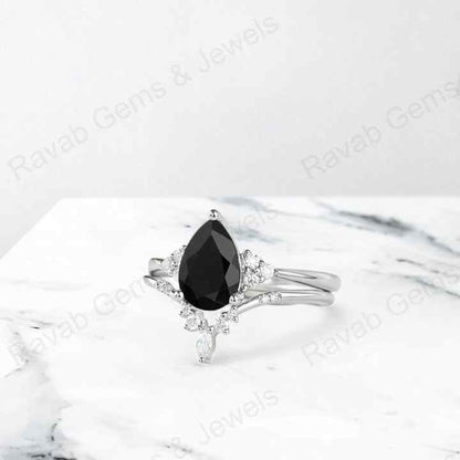 Best Quality 925 Sterling Silver Natural Black Onyx 7x9mm Pear Marquise Bridal Set Ring for Women Handmade Fine Luxury Jewelry
