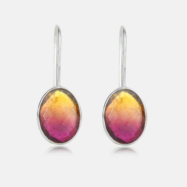 New Arrival Solid 925 Sterling Silver Bio-Color Tourmaline Quartz Oval Checker Cut Dangle Drop Earring for Women Fine Jewelry