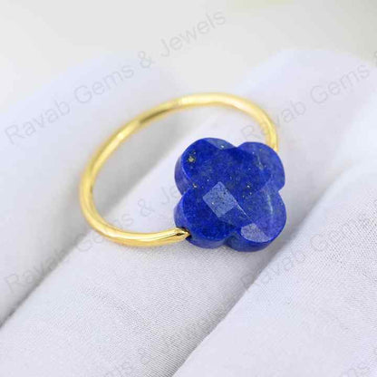 Best Selling Natural Lapis Lazuli Clover Flower Shape Gemstone Solid 925 Silver 18k Gold Plated Rotating Women Ring Fine Jewelry