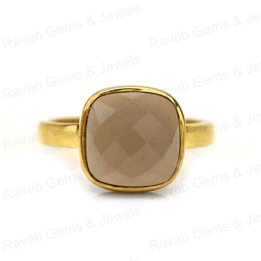 Best Selling Solid 925 Silver Fine Jewelry 12mm Grey Chalcedony Faceted Cushion Cut Gold Vermeil Eternity Band Ring for Women