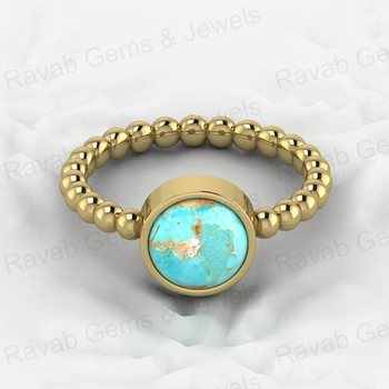 Best Selling 925 Sterling Silver Fine Ring for Women 8mm Natural Arizona Turquoise Stone Beaded Band with Bezel