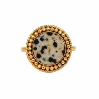 Top Selling 18K Gold Plated 925 Sterling Silver Boho Designer Ring for Women 12mm Natural Dalmatian Jasper Gemstone Bezel Ring