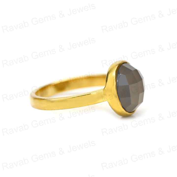 Top Quality Solid 925 Sterling Silver Natural Grey Chalcedony Round Cut 12mm Bezel Setting 18k Gold Filled Fine Ring for Women