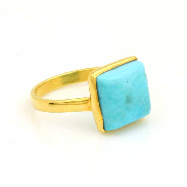 Best Selling Fine Jewelry Natural 12mm Square Kingman Arizona Turquoise Gemstone 925 Silver Gold Vermeil Eternity Dainty Ring