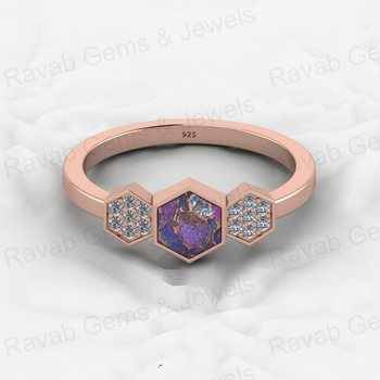 Top Selling 925 Sterling Silver Fine Ring Purple Copper Turquoise Gemstone Bezel Setting With CZ Hexagon Geometric Jewelry