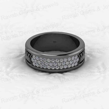 Top Quality 925 Silver Vermeil Cuban Curb Arrow Bar Round Cut CZ Eternity 7mm Wide Band Men's Ring for Personalized Fine Jewelry