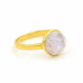 Christmas Sale Solid 925 Sterling Silver 18k Gold Natural Rainbow Moonstone 12mm Bezel Setting Ring for Women Fine Jewelry