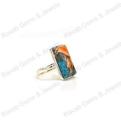 Superb Quality Solid 925 Sterling Silver Mix Oyster Turquoise Rectangle Shape Bezel Setting Ring for Women Fine Handmade Jewelry