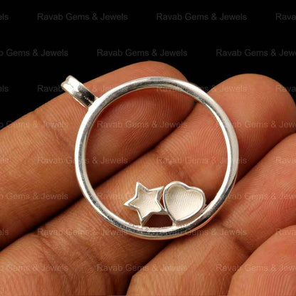 Selling Genuine 925 Silver Round Circle Disc With Star Heart Charm Semi Mount CZ Pendant Base for Keepsake Breastmilk Jewelry