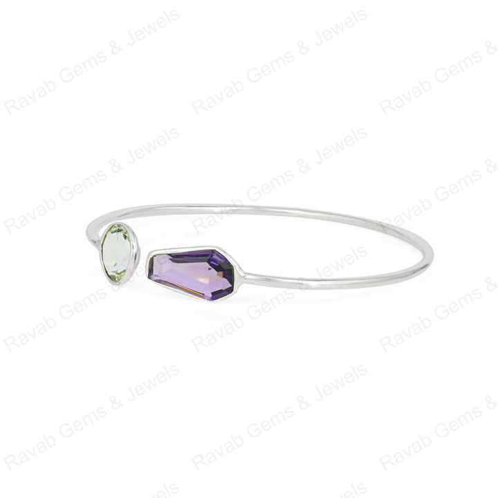 Superb Genuine 925 Sterling Silver Amethyst Coffin & Round Shape Bezel Setting Minimalist Adjustable Bangle Bracelet For Women