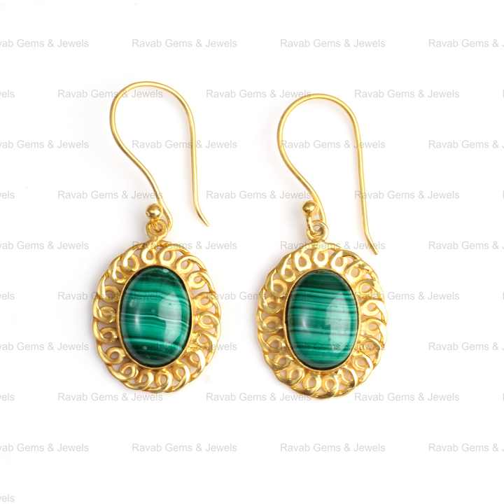 18K Gold Plated Beautiful 10x12mm Natural Green Malachite Bezel Setting Fine Dangle Oval Drop Earrings for Women Made Sterling