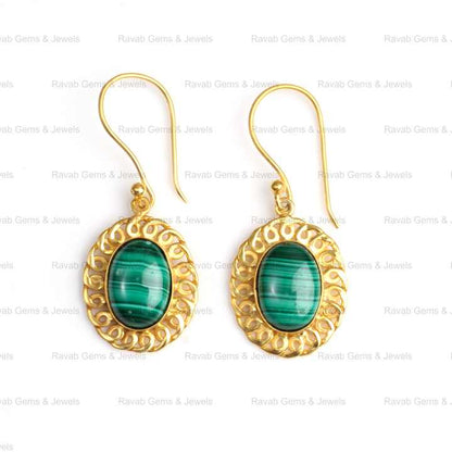 18K Gold Plated Beautiful 10x12mm Natural Green Malachite Bezel Setting Fine Dangle Oval Drop Earrings for Women Made Sterling