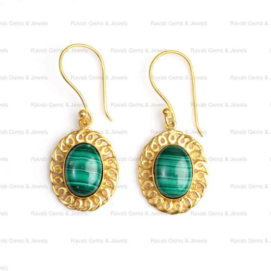 18K Gold Plated Beautiful 10x12mm Natural Green Malachite Bezel Setting Fine Dangle Oval Drop Earrings for Women Made Sterling