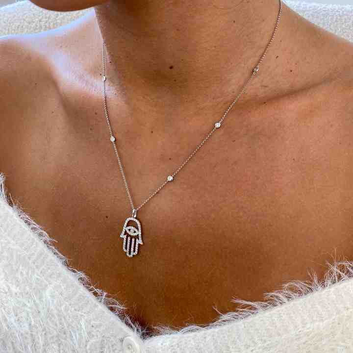 New Arrival Genuine 925 Sterling Silver Lab-Diamond Round Cut Hamsa Design Chain Necklace For Women's Mother's Day Jewelry