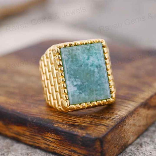 Handmade Solid 925 Silver 12x16mm Natural Amazonite Pattern Bricks Rectangle Signet Ring for Men Latest Design Fine Jewelry