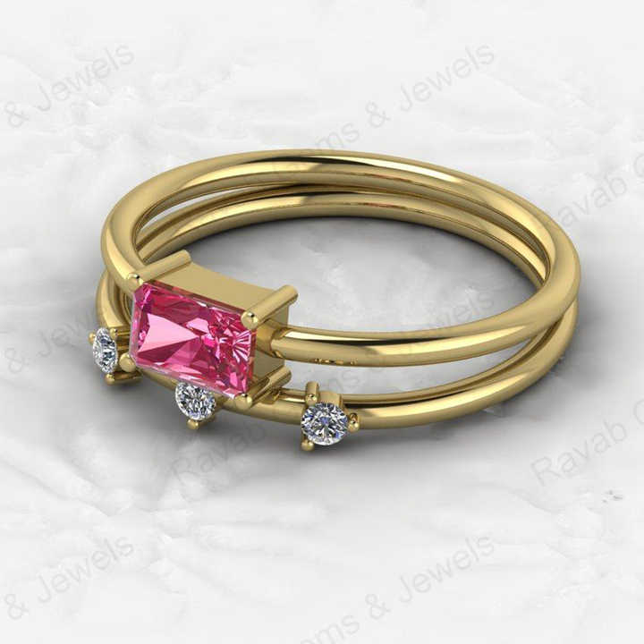 Top Selling Genuine 925 Silver 6X4mm Baguette Cut Pink Cubic Zirconia Women Eternity Gold Vermeil Ring for Fine Custom Jewelry