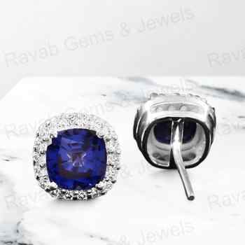 Solid 925 Sterling Silver Dark Blue Sapphire Hydro 10mm Cushion Cut Stud Earrings New Design Handmade Jewelry for Women