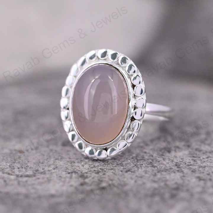 Natural Rose Quartz 10x14mm Oval Cabochon Gemstone Solid 925 Sterling Silver Beaded Bezel Setting Ring Handmade Fine Jewelry