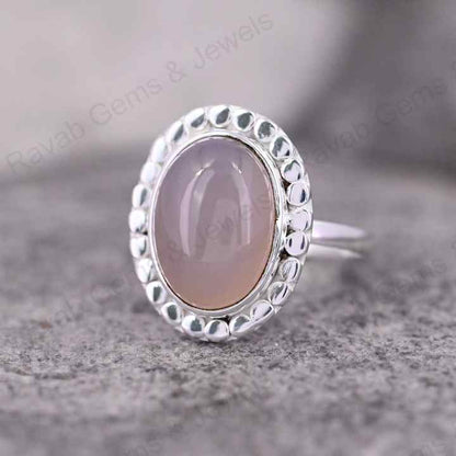 Natural Rose Quartz 10x14mm Oval Cabochon Gemstone Solid 925 Sterling Silver Beaded Bezel Setting Ring Handmade Fine Jewelry