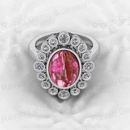 Top Selling 925 Silver 9x12mm Pink Kingman Dahlia Spiny Oyster Oval Shape Gemstone With CZ Solitaire Cocktail Ring for Women